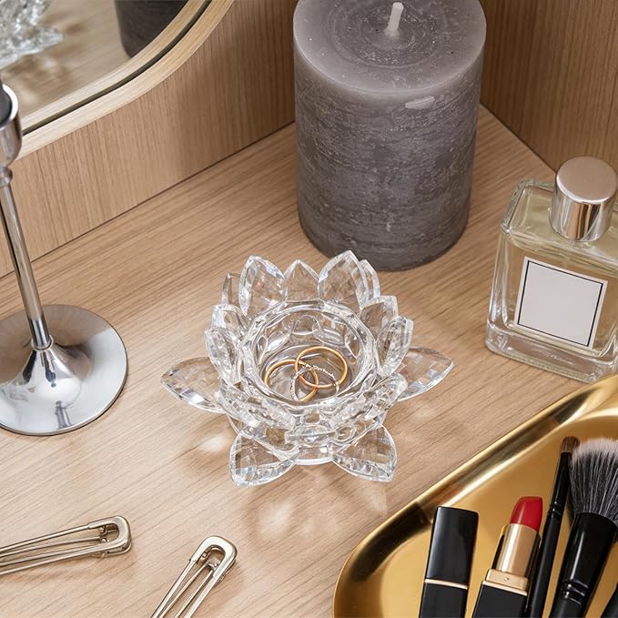 Crystal Flower Jewelry Tray, Luxury Transparent Decorative Trinket Dish for Rings, Earrings, Necklaces, Keys for Vanity Dresser Nightstand, Elegant Gift for Women Mother's Day (1, 4.4"(w) - Clear)