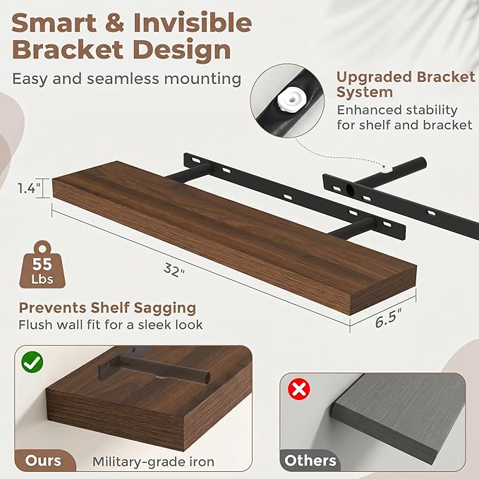 Venusmiles Floating Shelves for Wall, 32 Inch Floating Shelves Set of 2, 6.5" D Wooden Wall Mounted Display Shelves with Invisible Brackets for Living Room, Bedroom, Bathroom, Kitchen Decor, Walnut