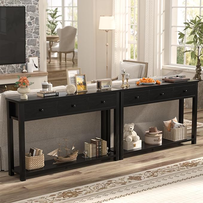 Homieasy Farmhouse Console Table with 3 Drawers, 47 Inch Wood Sofa Table with Storage Shelf for Living Room, Behind Couch, Entryway Table for Hallway, Living Room, or Foyer, Black