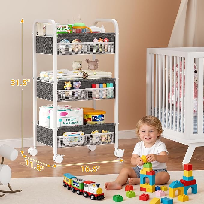 Baby Diaper Caddy Rolling Utility Cart, 3 Tier Baby Essentials Nursery Organizer and Storage with Dividers and Drawers for Crib, Bedroom, Art & Craft Organizer (White)