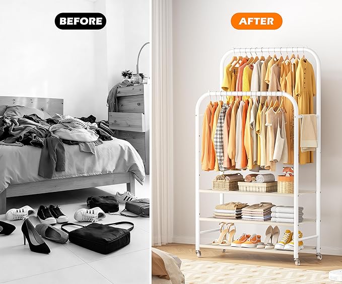 HOMIDEC Double Rods Clothes Rack Clothing Rack with 3 Tier Storage Shelves Clothes Rack for Hanging Clothes Multifunctional Heavy Duty Clothes Organizer for Bedroom,Wardrobe Closet,Shop,White