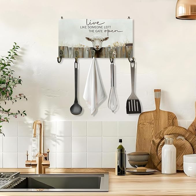 Sheep Gifts Key Holder for Wall 10"x5.12", Sheep Lamb Decor Key Hanger Wall Mount, Live Like Someone Left The Gate Open Rustic Farmhouse Lamb Wooden Hanging Keys Holder Decor for Entryway