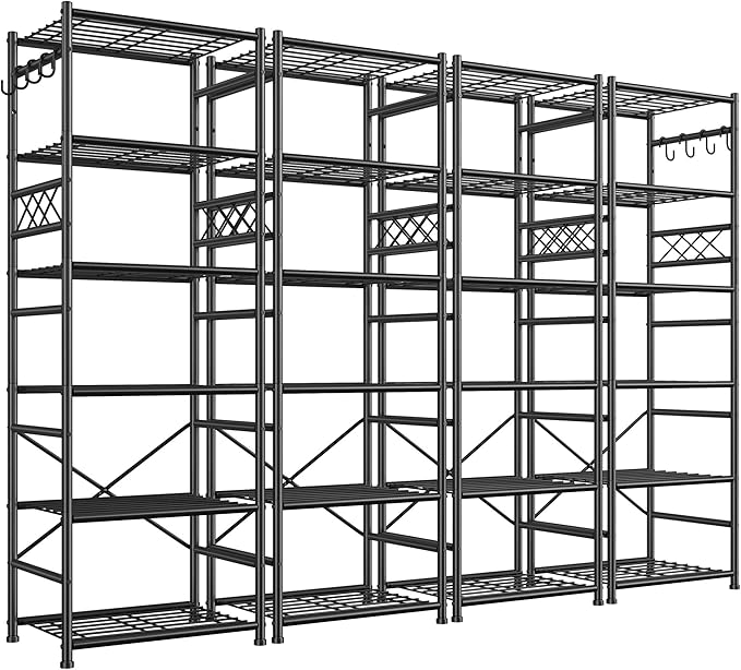 Storage Shelves-6 Tier Metal Shelving Unit with Hooks,Heavy Duty Garage Shelving with Leveling Feet,High Standing Shelf Organizer for Kitchen Pantry Bathroom Dorm,17.7”W×11.8”D ×72.2”H,Black