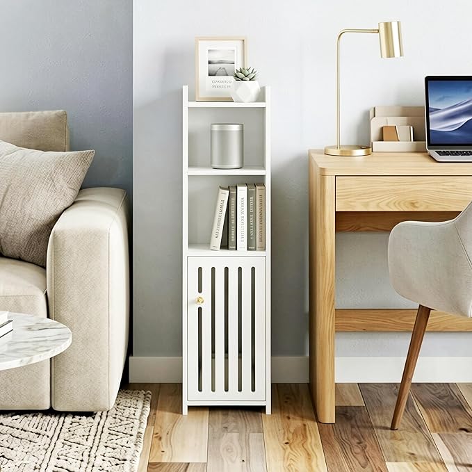 Narrow Bathroom Storage Cabinet, 4-Tier Slim Bathroom Organizers with Door and Open Shelf for Toilet Bathroom Small Spaces (7.9" D x 7.9" W x 31.5" H)