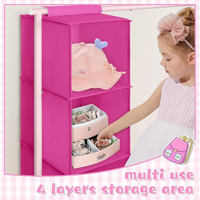 Univivi Kids Clothing Rack with Hanging Organizer, Short Toddler Dress Up Storage Rack for Hanging Clothes, Kids Wardrobe Closet for Baby Clothes, Dance Costumes, Rose Red/Pink