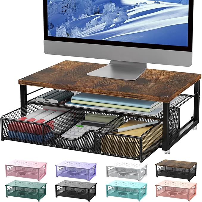 gianotter Computer Monitor Stand Riser, office organizer with Drawer, Office Organizers Storage for Classroom Office Supplies (Wood)
