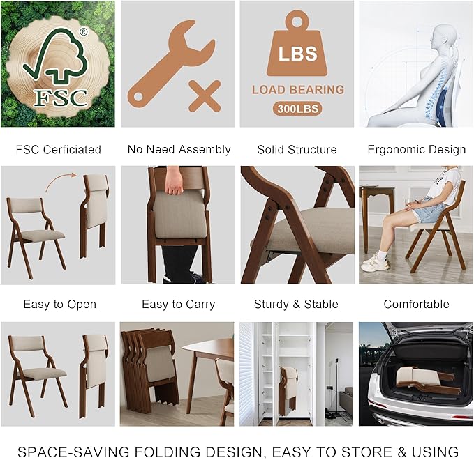 Ball & Cast Padded Folding Chairs 2 Pack,Solid Wood Frame,18" Seat Height,Ergonomically Designed Back and Cushion,Easy Carry,No Assembly Required,for Kitchen,Restaurant,Taupe+ Walnut