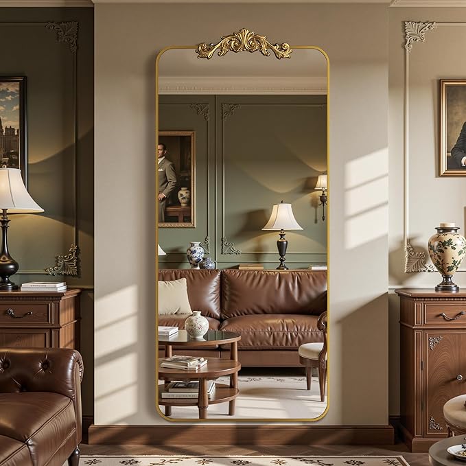 Vintage Full Length Mirror, 71"x32" Floor Mirror with Carved, Full Body Mirrors for Home Decor, Standing/Hanging Large Wall Mirrors for Bedroom/Living Room/Entryway, Gold, Retro Style