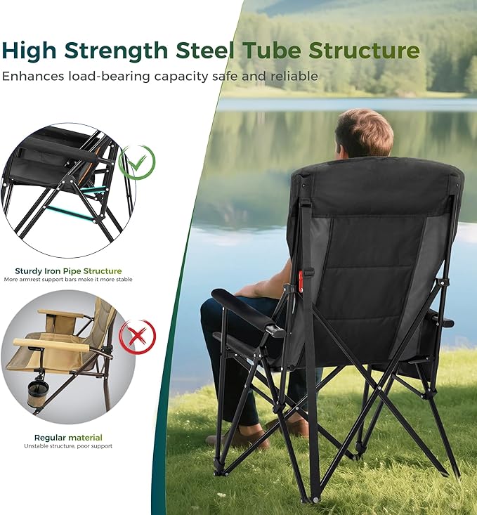 ALPHA CAMP Oversized Folding Camping Chairs for Adults High Backrest Heavy Duty Lawn Chairs Support 500 LBS Portable Camp Chairs with Cup Holders Large Side Pocket Outdoor Chair 2 Pack