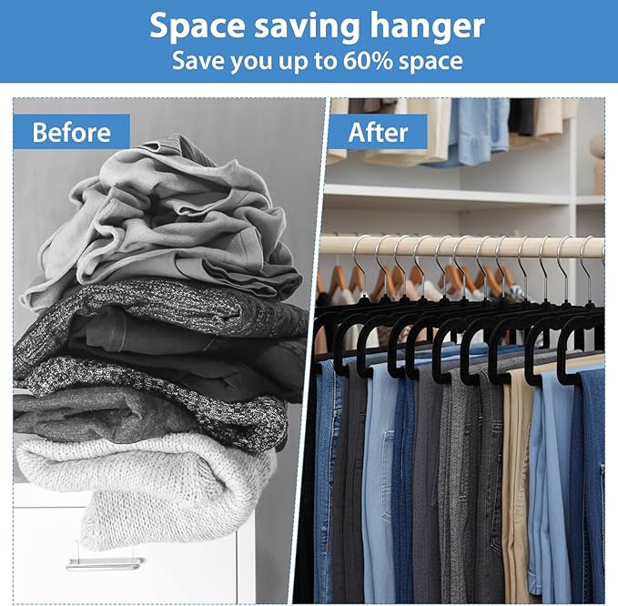 30 Pack Velvet Pants Hangers Non Slip, Black Flocked Trouser Hangers with Swivel Hook, Space Saving Slim Clothes Hanger for Closet, Jeans, Shirts and Dresses