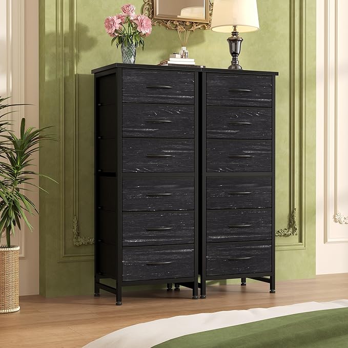 Sweetcrispy Tall Fabric Dresser for Bedroom, 6 Drawer Skinny Chest of Drawers, Narrow Storage Tower with Wood Top and Metal Frame,Bedroom Organization Furniture, Black Wood Grain