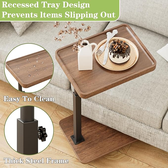 TV Tray Table for Eating,Sofa Armrest & 360° Swivel &Height Adjustable End Side Table for Couch,Snack Table for Sofa, Bedroom, Living Room, C Shaped End Table(Brown+Black)
