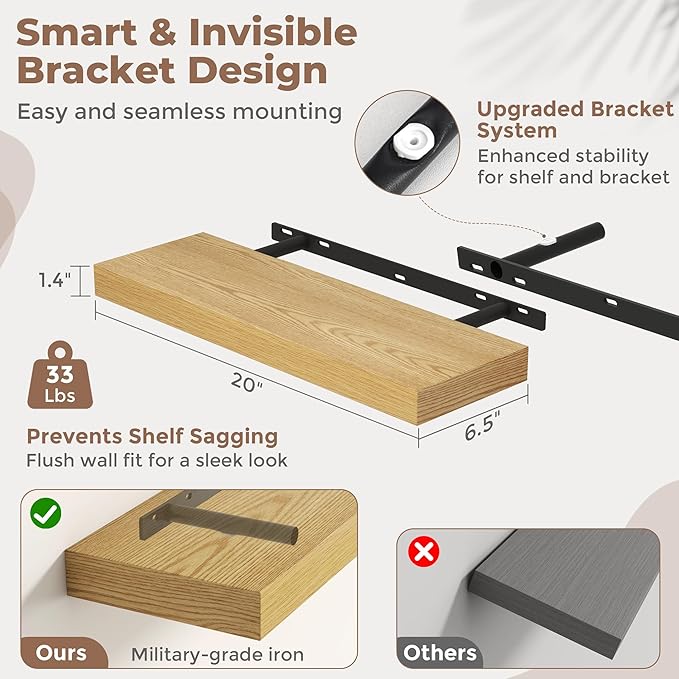 Venusmiles Floating Shelves for Wall, 20 Inch Floating Shelves Set of 2, 6.5" D Wooden Wall Mounted Display Shelves with Invisible Brackets for Living Room, Bedroom, Bathroom, Kitchen Decor, Oak