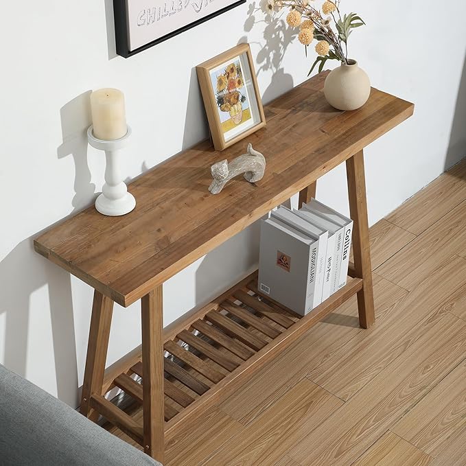 HOKYHOKY Reclaimed Solid Wood Console Table, 43.3" Farmhouse Entryway Table, Narrow Couch Tables Behind Sofa, 2 Tiers Accent Tables for Hallway, Entrance, Foyer, Living Room