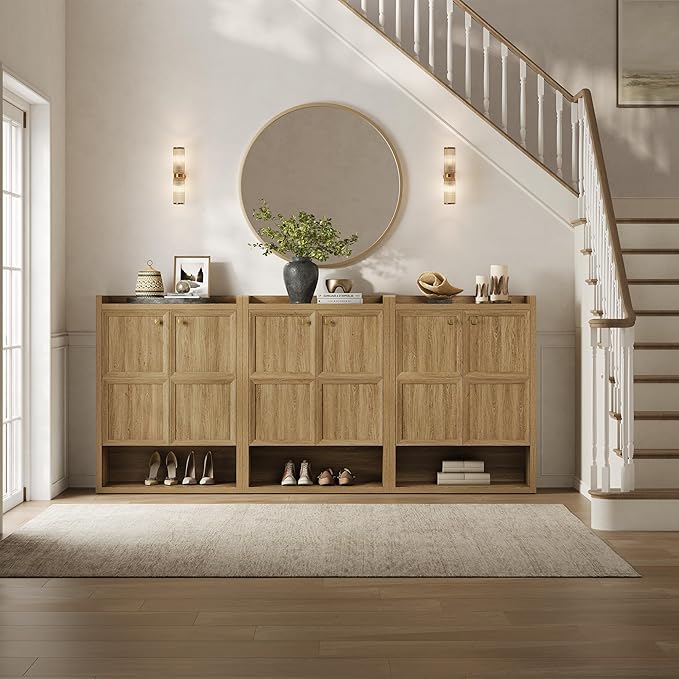 SICOTAS Shoe Cabinet Storage for Entryway - 48-Pair Shoe Cabinets with Doors and Adjustable Shelves, Modern Large 7-Tier Shoes Storage Cabinet for Mudroom Closet Hallway Living Room, Brown Oak, 2PCS