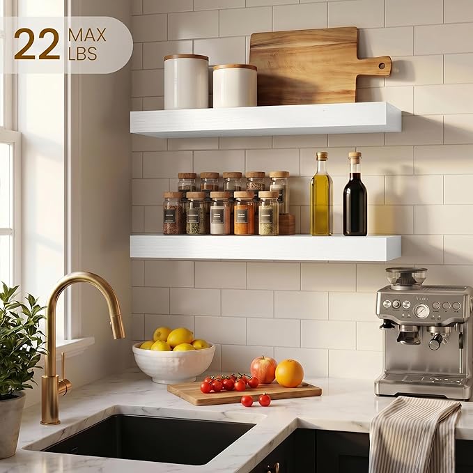Dreamland White Floating Shelves, Wall Mounted Shelves for Storage and Home Decor, Rustic Wood Shelves for Bathroom, Living Room, Bedroom and Kitchen, 16" x 6.7" Set of 2