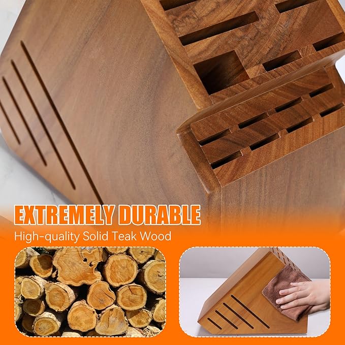 Teak Wood Knife Block Holder without Knives, 20 Slot Large Universal Wooden Knife Block Organizer with Wide Slots and Secure Stand, Countertop Butcher Block for Kitchen Storage
