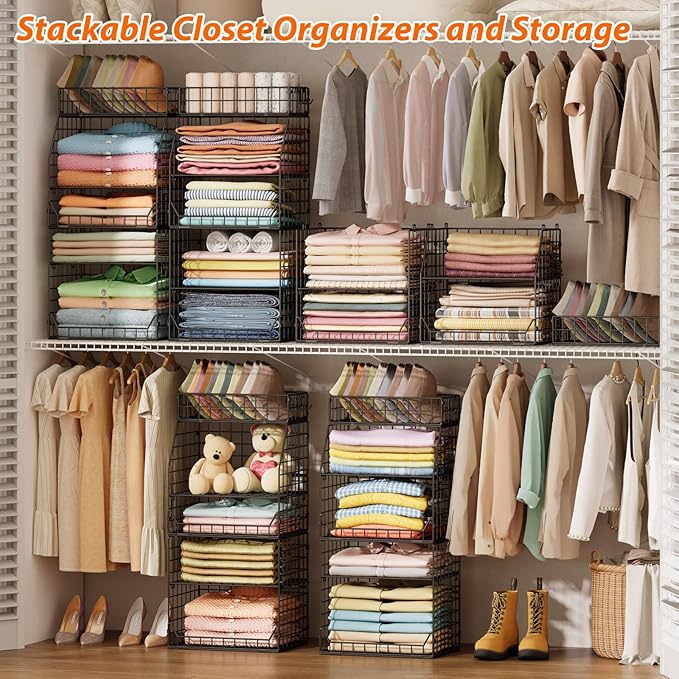 Jakyitvi 5-Tier Stackable Closet Organizers and Storage with Small Basket for Hats,Closet Storage Basket with Adjustable Dividers and 4 hooks,Clothes Shelf Bins for Closet Organizer System,Black