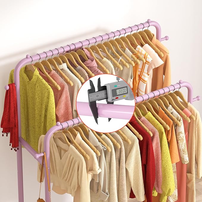Laiensia Double Rods Garment Rack with Wheels, Clothing Rack for Hanging Clothes,4 Hooks, Multi-Functional Bedroom Clothes Rack, Pink
