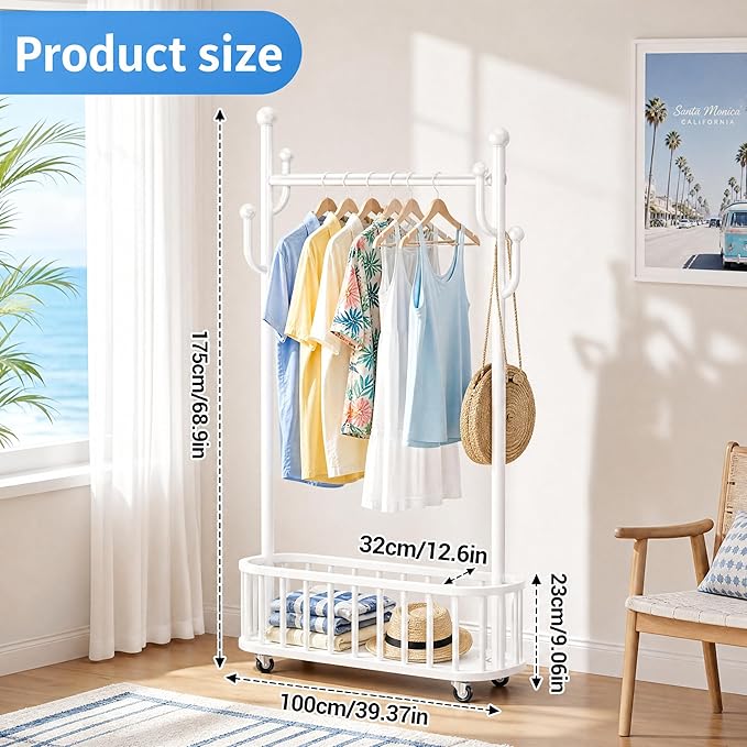 IDEALHOUSE Metal Clothing Rack with Wheels, Rolling Garment Rack with Hanging Rod, Storage Basket Shelf and 4 Hooks, Portable Standing Clothes Rack for Bedroom, Closet, Living Room, Entryway,White