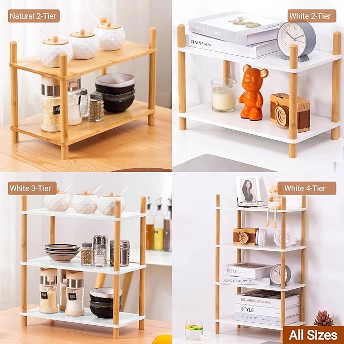 3-Tier Expandable Bamboo Desktop Organizer Shelf Kitchen Cabinet and Counter Riser Display Shelf for Top of Desk Home Office Bathroom Coffee Table Display Stand,Natural