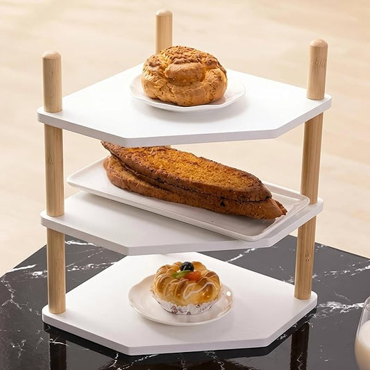 3-Tier Expandable Bamboo Corner Shelf - Dish/Plate Organizer for Cabinet, Kitchen Counter Shelf & Small Kitchen Shelf, Adjustable (White, 1-Pc 3.90" H)
