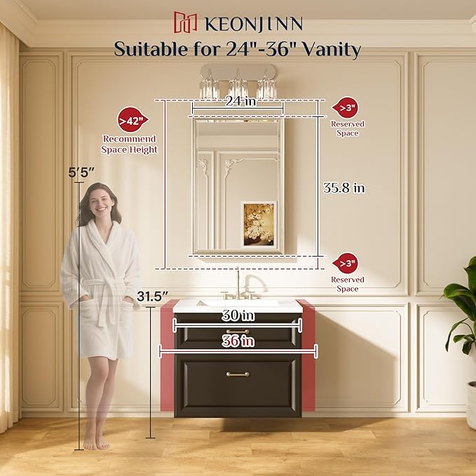 Keonjinn 24" x 36" Brushed Gold Bathroom Mirrors for Over Sink, Aluminum Alloy Wide Frame, HD Tempered Glass with Beveled Edge, Rustproof, Gold Bathroom Vanity Mirror for Wall(Vertical/Horizontal)