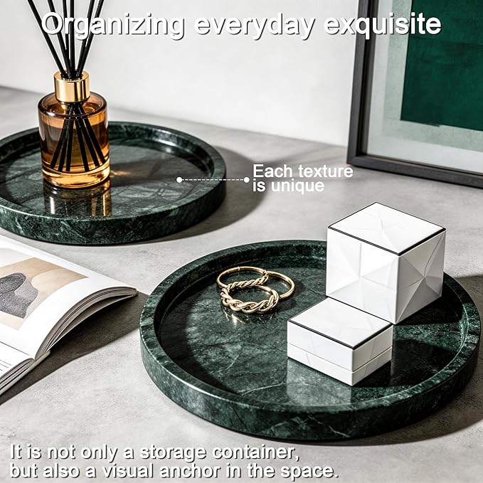 Natural Marble Tray, 9.45" x 0.99" Round Marble Vanity Tray, Marble Ring Dish for Bathroom, Jewelry Tray, Coffee Table,Sink Storage Holder Organizer, Bedside Table,Home Decor,Green (NS055)