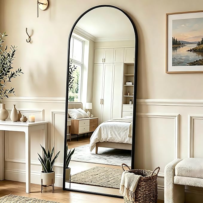 MISSDAY 65"x24" Arched Full Length Mirror, Full Body Mirror with Stand, Floor Mirror Long Free Standing, Leaning or Hanging, Aluminum Thin Frame Wall-Mounted Mirrors Wall Mirrors for Bedroom, Black