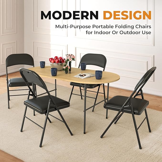 Our Modern Space 8 Pack Leather Chair | Foldable & Stackable | 350 lbs Capacity Steel Frame Seats for Indoor or Outdoor | Commercial Use Events Wedding Party Events Bulk Picnic Kitchen Dining - Black