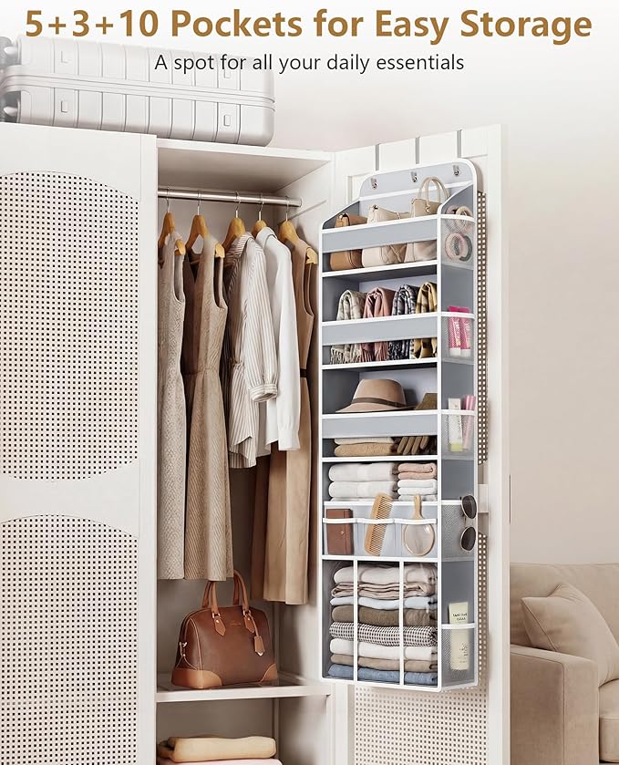 OneDream Over the Door Organizer for Nursery, 5-Tier Baby Clothes Organizer with Removable Storage Caddy, Hanging Behind Door Storage with Clear Pockets and Side Mesh Compartments, Grey