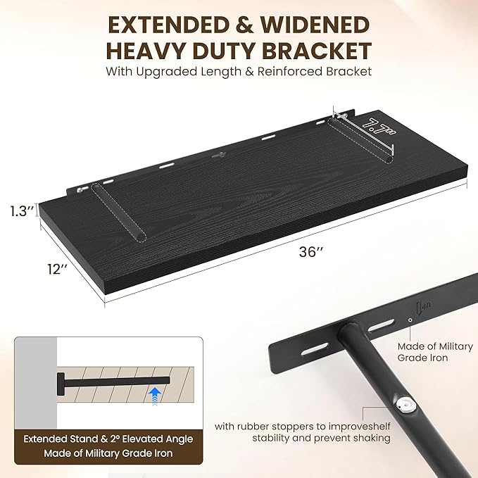 Dreamland 36" Floating Shelves for Wall, 12" Deep Slim Black Floating Shelves,Wall-Mounted Shelves for Bedroom, Living Room, Kitchen, Bathroom - Set of 2