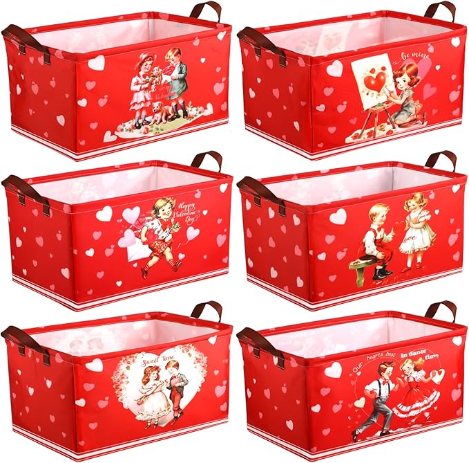 CHENGU 6 Pack Valentine's Day Storage Basket Vintage Valentine's Day Basket for Gift Collapsible Red Heart Holiday Decor Retro Large Bin Foldable Waterproof Box with Handle for Bedroom Laundry Nursery