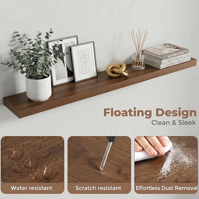 Venusmiles Floating Shelves for Wall, 48 Inch Floating Shelves Set of 1, 6.5" D Wooden Wall Mounted Display Shelves with Invisible Brackets for Living Room, Bedroom, Bathroom, Kitchen Decor, Walnut