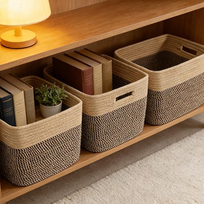 3 Pack Woven Rope Storage Baskets for Shelves,13.5"×11"×9.5" Storage Bins with Handles,Empty Gift Baskets,Nursery Organizer for Toys,Towels,Books,Closet,Living Room,Bedroom (Jute&Black)