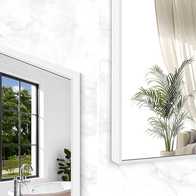 BONEWEI White Bathroom Mirror,24x48 inch Wall Mirror for Bathroom Wall Mounted,Rectangle Mirror for Bathroom Over Sink,Modern Metal Frame for Living Room,Bedroom Entryway,Horizontal/Vertical