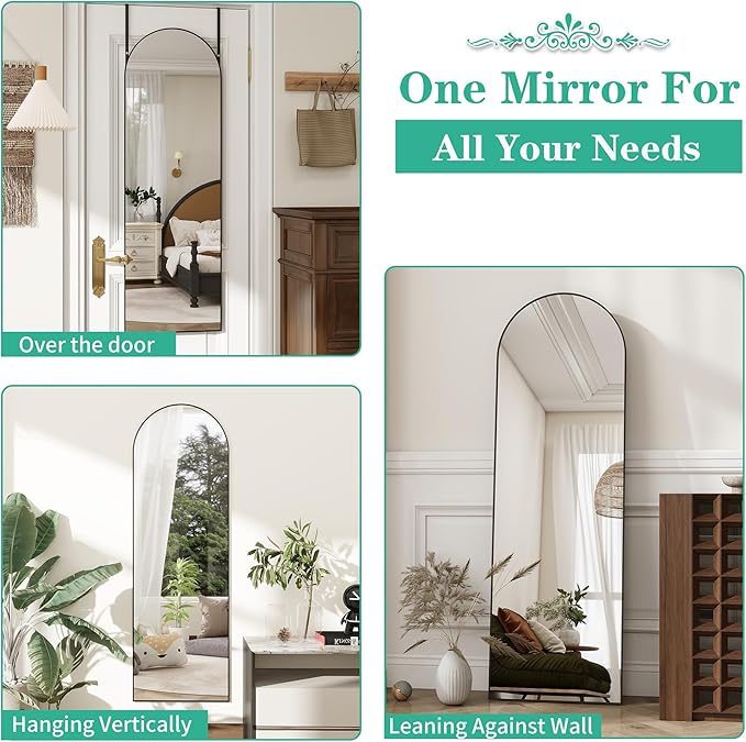 Over the Door Mirror Full Length, 48"x14"Door Hanging Mirror Full Length Arch Mirror, Behind the Door Wall Mirror, Back of Door for Closet Bedroom Living Room, Black