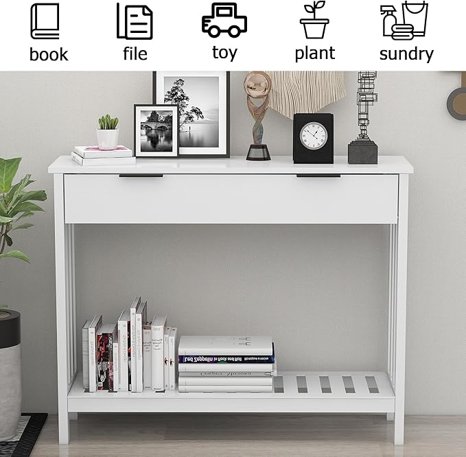 TaoHFE White Narrow Console Table with Drawer Storage Shelf, Modern Wooden Entryway Sofa Table, 39 Inch Slim Behind Couch Table, Side Display Console Table for Living Room,Office,White