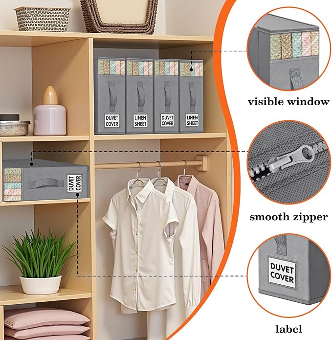 WOWBOX Sheet Organizers and Storage,Closet Bed Sheet Organizer Under Bed Storage and Organization with Label Cards & Clear Window for Bedding Sheets,Duvet Covers,Blankets (3 Pack，Gray)