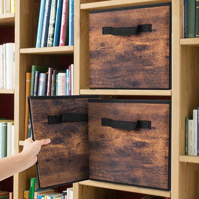 EWES 13 Inch Fabric Storage Cubes, 8 Pack Foldable Storage Bins with Handle, Storage Baskets Box for Shelves, Closet, Organizer, Rustic Brown and Black