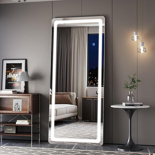 71"x28" Full Length Mirror with LED Lights, Dimmable Lighted Floor Mirror with 3 Color Lighting & Touch Control, Standing Wall Mounted Full Body Mirror, Tempered Glass for Bedroom, White