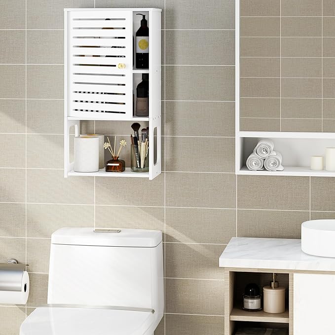 4-Tier Wall Bathroom Storage, White Cabinet with Door & Open Shelf, Space-Saving Organizer for Bathroom, Kitchen, Entryway (7.9" D x 11.8" W x 22.4" H)