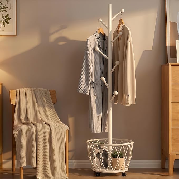 Freestanding Metal Coat Rack Stand with Basket Modern Organizer for Scarf Jacket Hat Bags Ideal for Home Entryway Bedroom Corner Stable and Moveable tree (white)