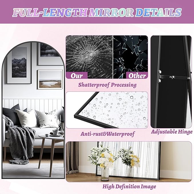 Full Length Mirror, 71"x32"Arched Floor Mirror Freestanding, Floor Standing Full Body Mirror with Stand for Bedroom, Hanging Mounted for Living Room Cloakroom