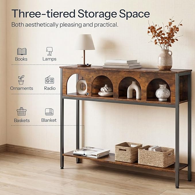 HOOBRO Modern Console Table, Entryway Table with 3-Tier Storage, Narrow Sofa Table Behind Couch with Arched Design for Living Room, Entrance, Hallway, Rustic Brown and Black BF106XG01