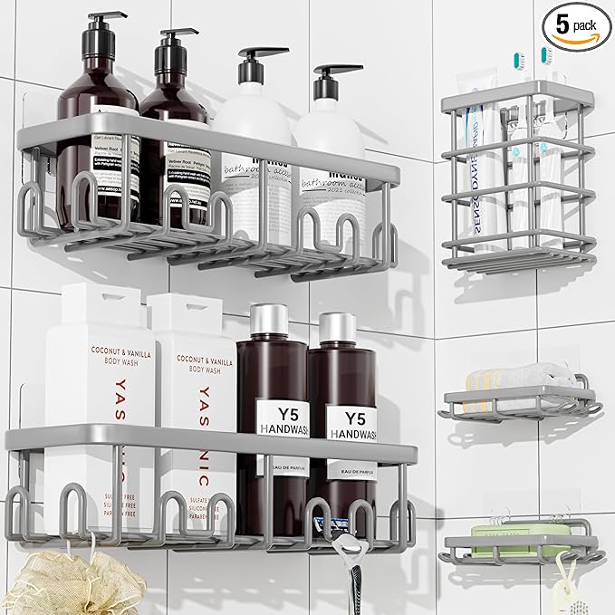 YASONIC Shower Caddy Adhesive 5-Pack, Rustproof Shower Organizer with Holder, No Drilling Shower Shelves for Inside Shower, Large Capacity Bathroom Organizers and Storage for Home & Renters, Grey
