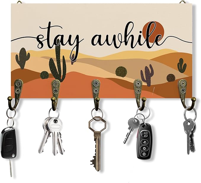 Stay While Sign Key Holder for Wall 10"x5.12", Inspirational Family Sign Key Hanger Wall Mount, Boho Western Landscape Wooden Hanging Keys Holder Decor for Entryway Front Door（5 Hooks）