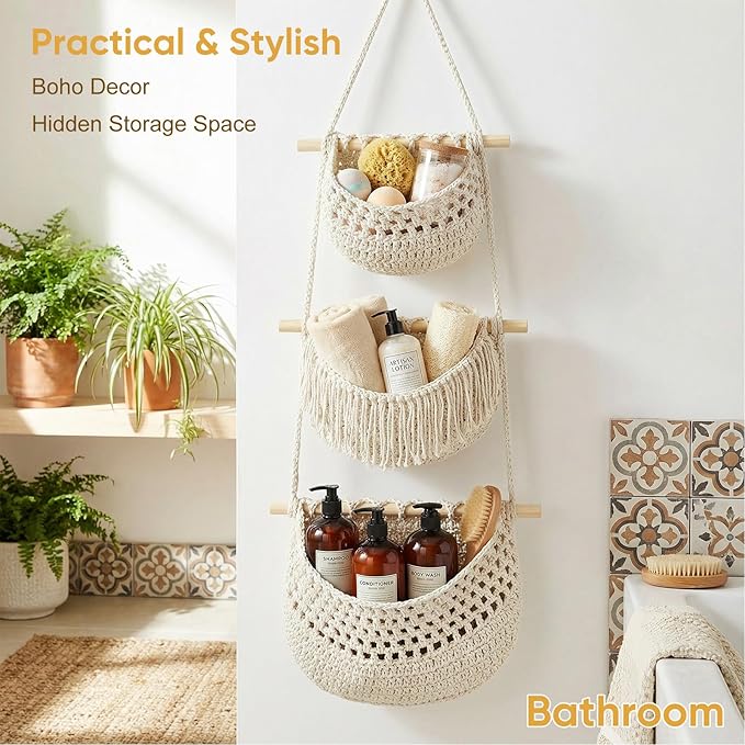 Boho Style Handwoven Rope Hanging Basket - 3-Tier Detachable Storage Organizer for Kitchen/Bathroom/Entryway, 3 Included Heavy-Duty Hooks, 7 Color Options Available (Blue)
