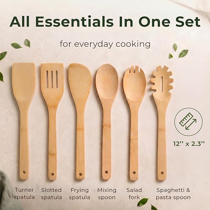 Bamboo Wooden Utensil Set, 6 Pcs - Nonstick Safe & Heat-Resistant Bamboo Utensils for Cooking - Easy to Clean & Sturdy Wooden Spoons for Cooking & Wood Spatula with Smooth Finish & Comfortable Handles