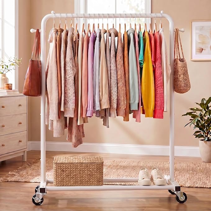 Sywhitta Clothing Rack on Wheels with Storage Shelf & Sturdy Metal Frame, Retail Clothing Rack for Hanging Clothes, Coats, Skirts,Space-Saving Mobile Organizer for Closet, Bedroom, Laundry Room, White